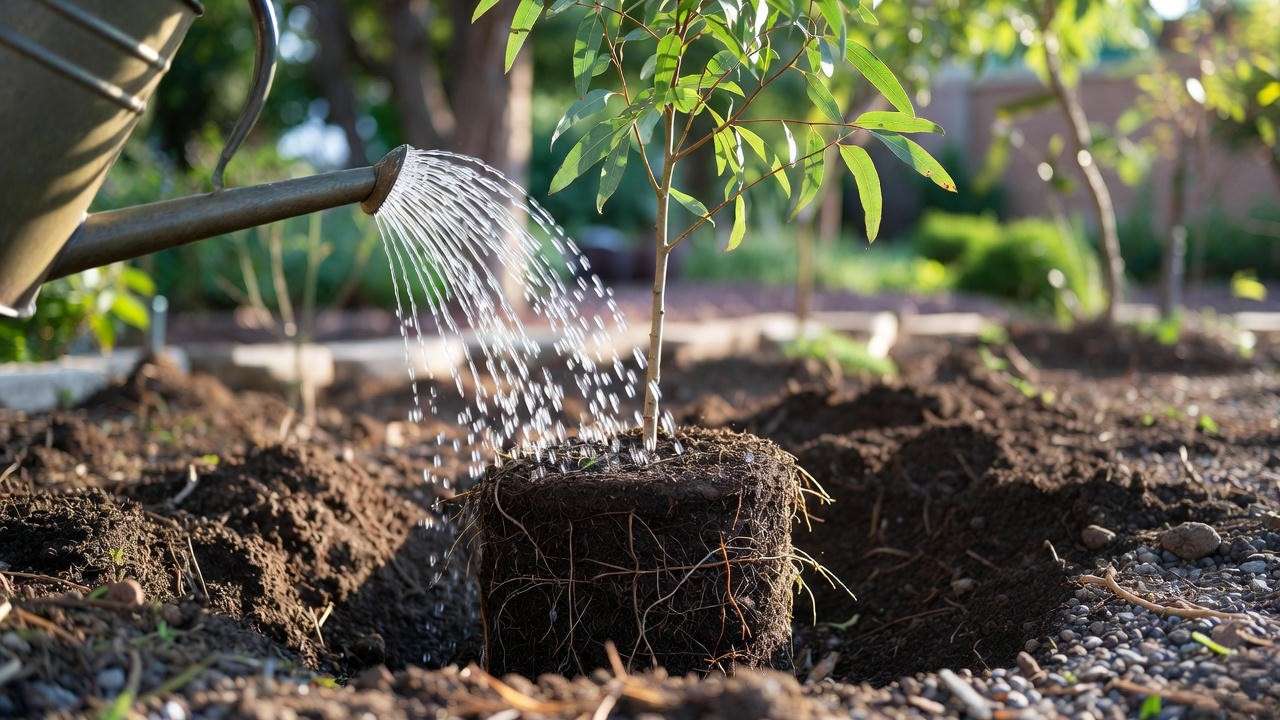 Correct planting technique for honey eucalyptus plant showing proper height