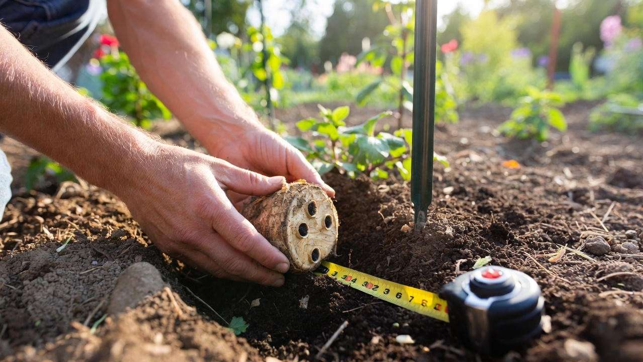 Correct way to plant a dahlia tuber with eyes up and stake at planting time