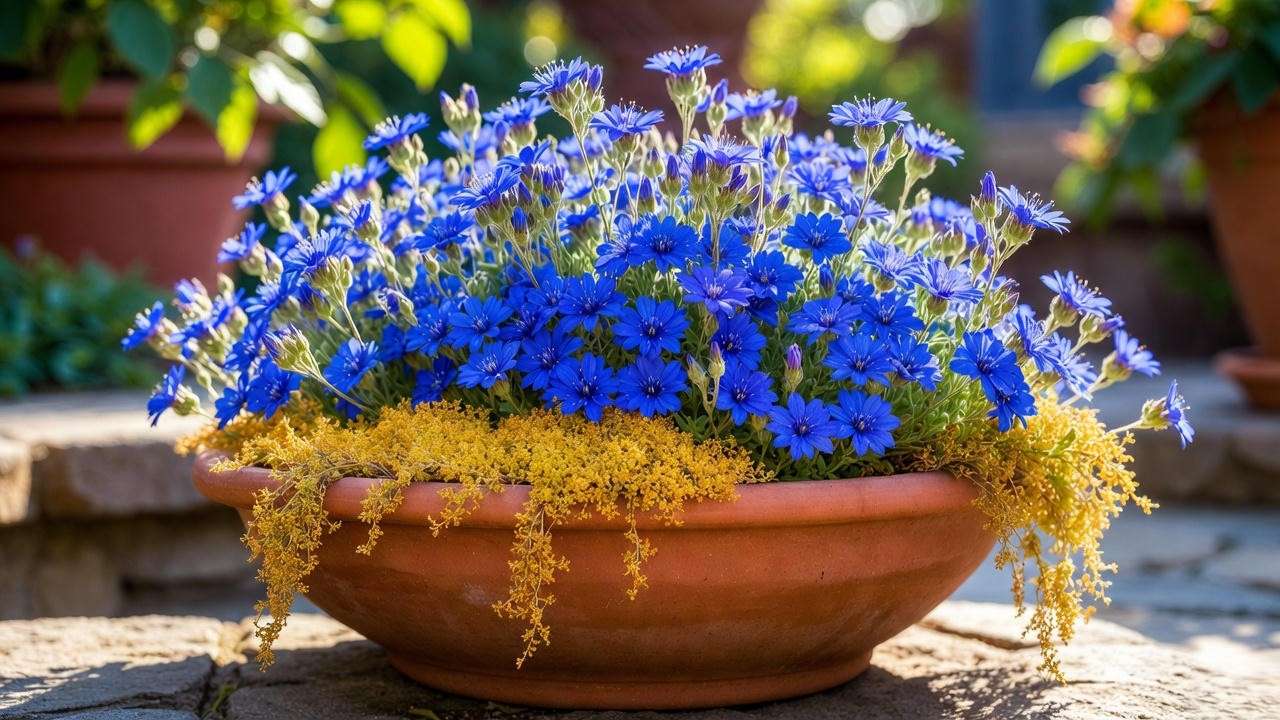 Lithodora Heavenly Blue in container with trailing golden Sedum Angelina
