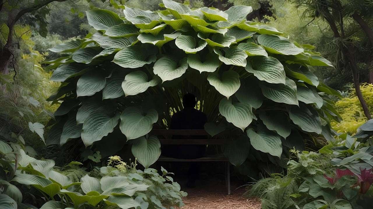 Empress Wu Hosta as dramatic living backdrop behind garden bench