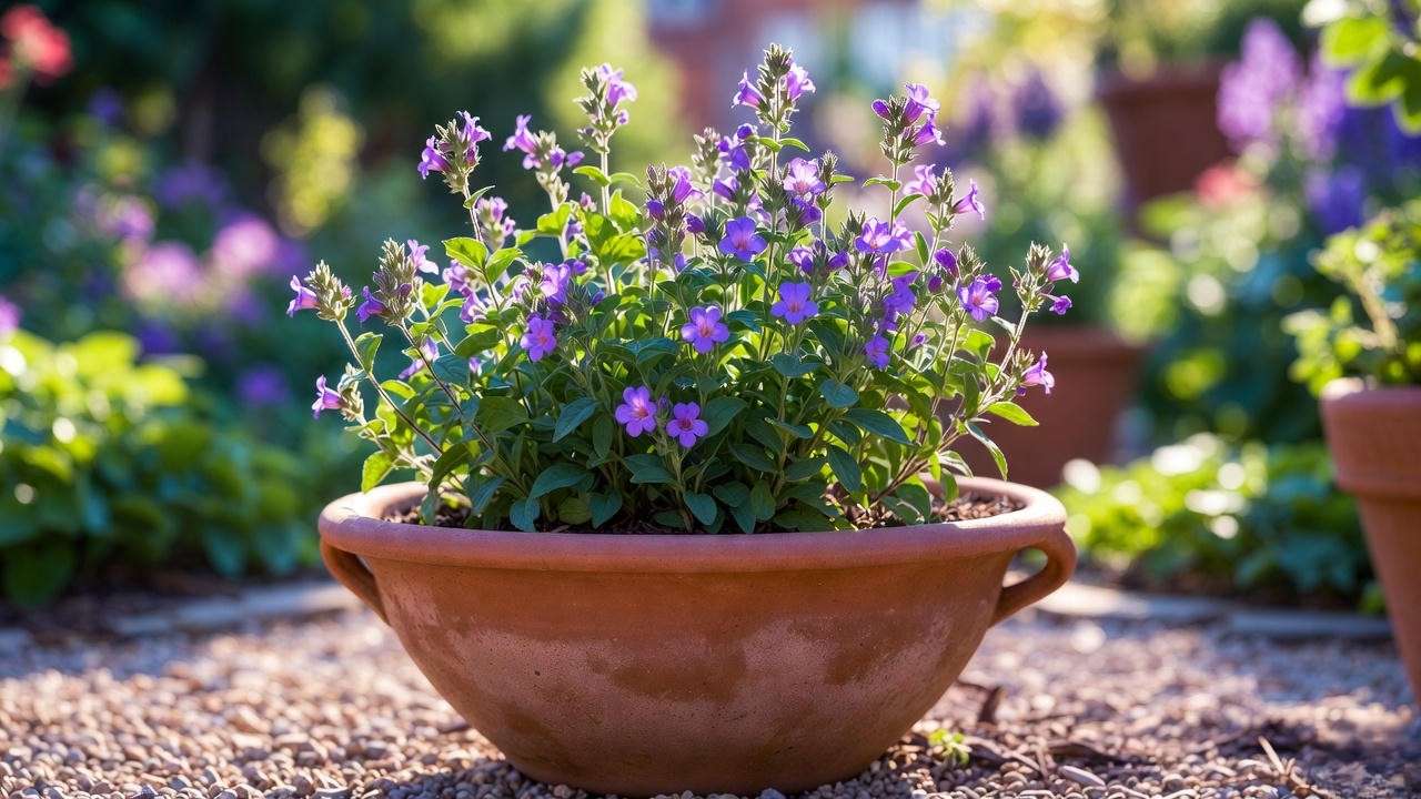 Hairy beardtongue plant (Penstemon hirsutus) thriving in container on sunny patio