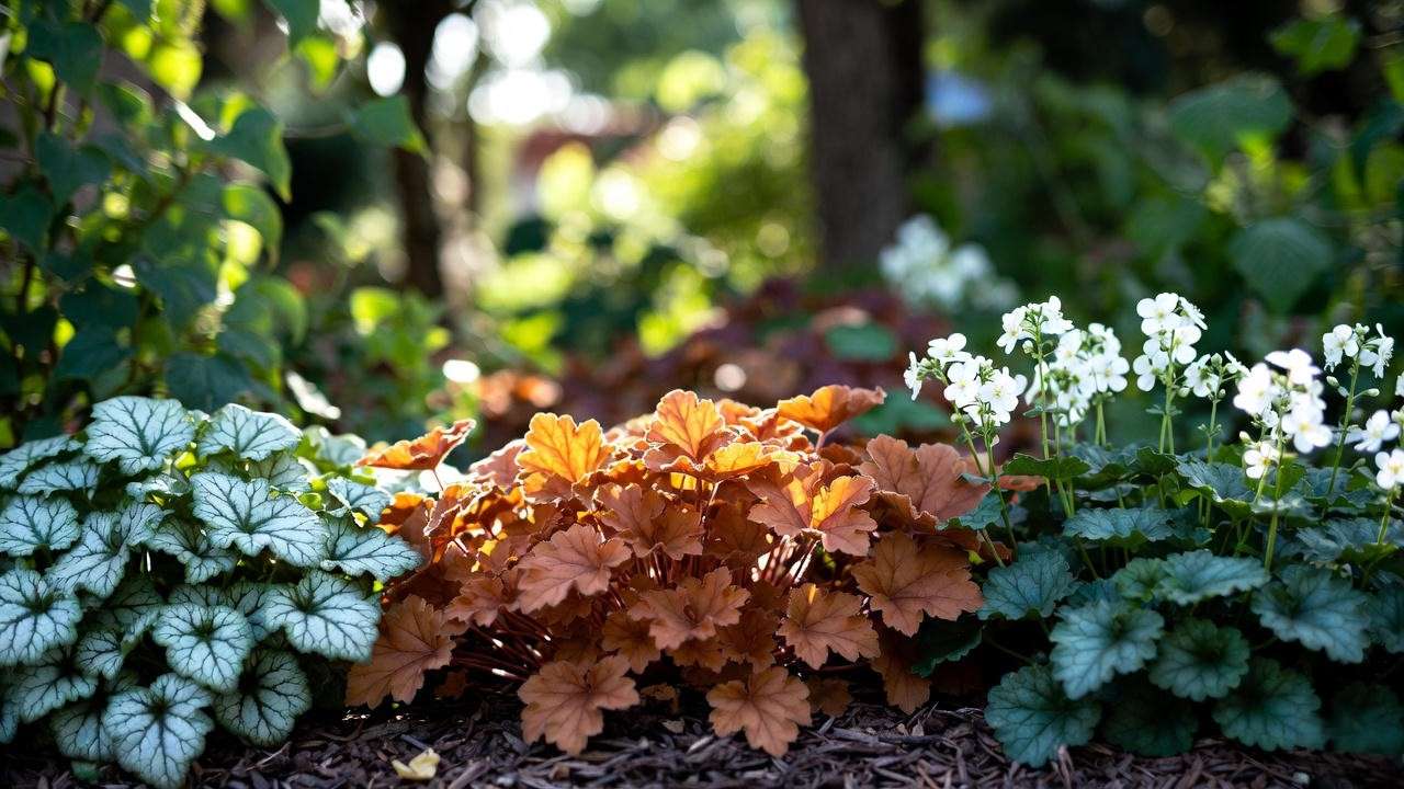 Heuchera Caramel paired with Brunnera Jack Frost and Lamium in shade border