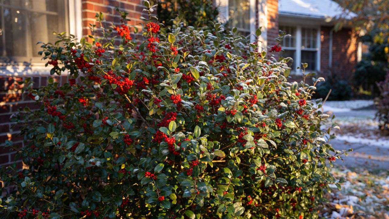 Needlepoint holly with red berries as stunning winter foundation planting