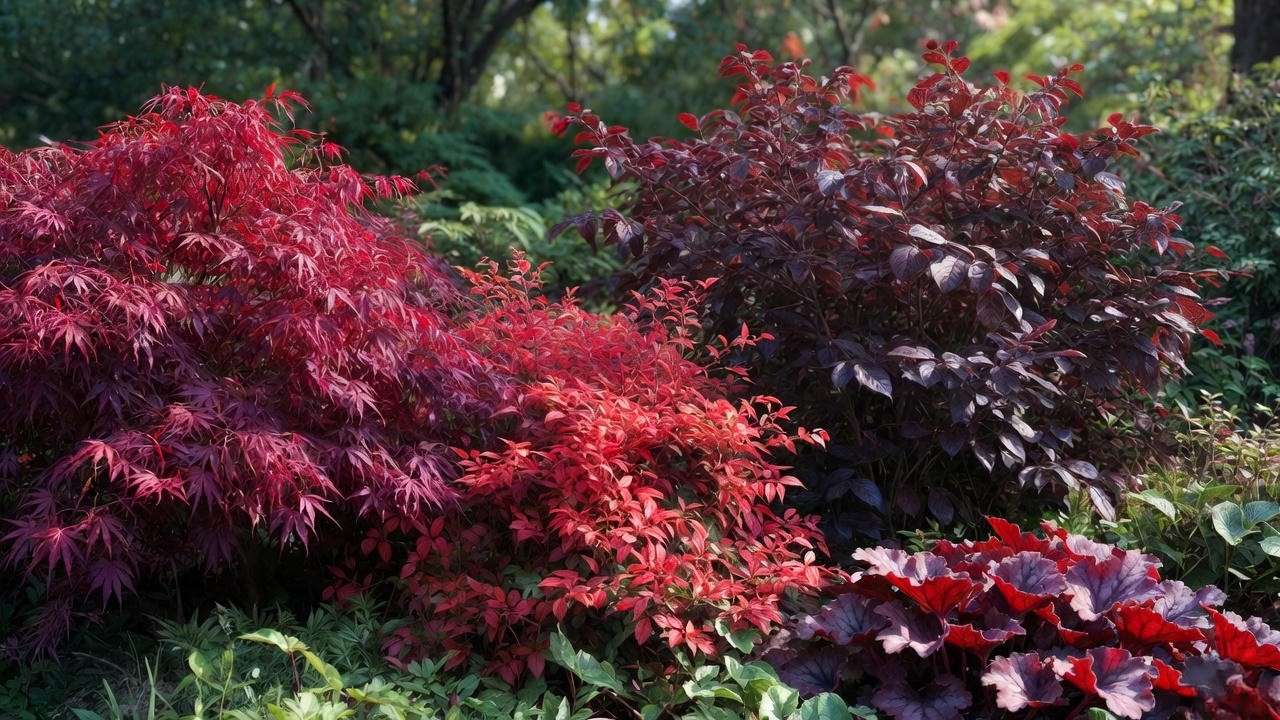 Stunning collection of plants with red foliage including Japanese maple, Photinia, ninebark, and Heuchera in a garden