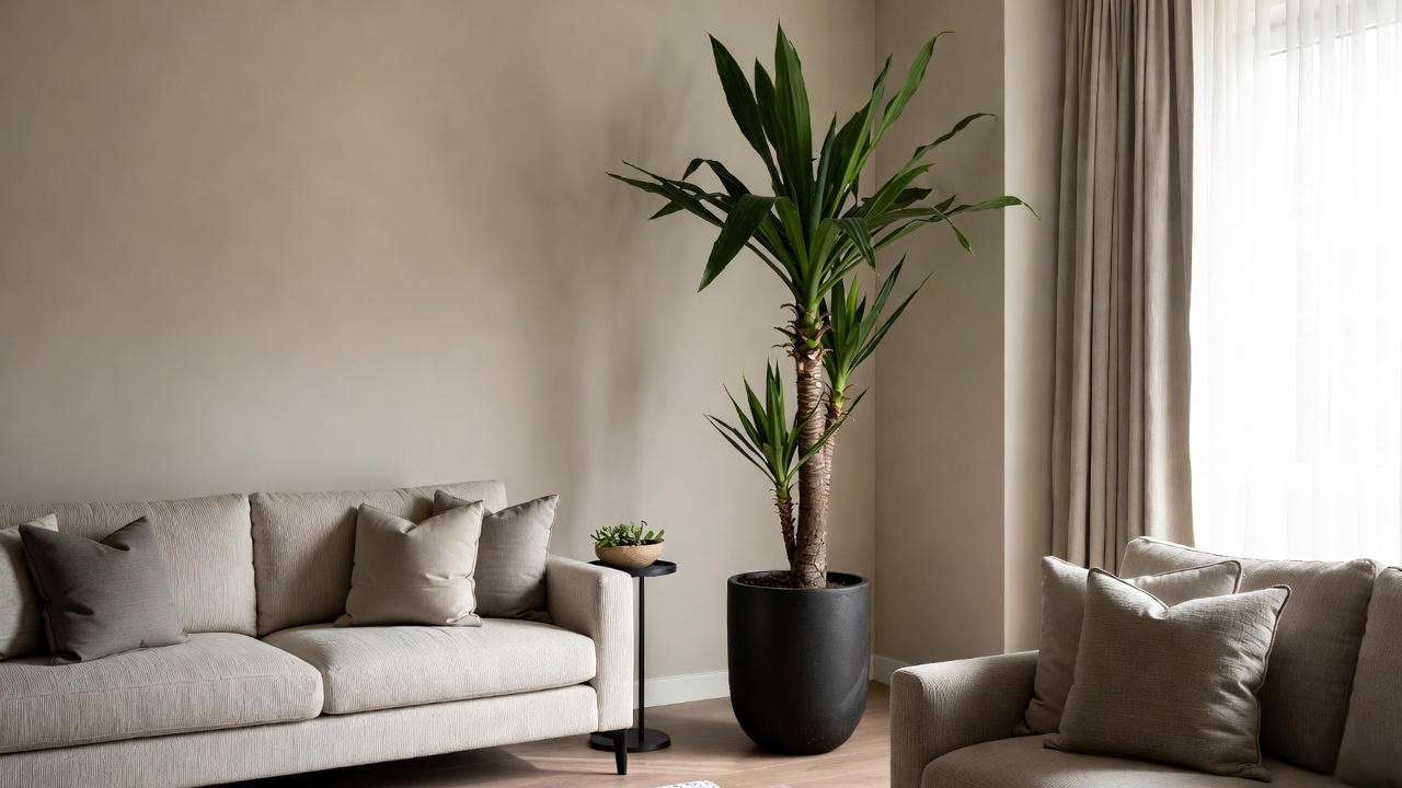Tall spineless yucca elephantipes in a modern living room corner – stylish indoor huge succulent