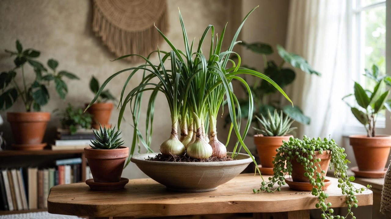 Pregnant onion plant styled in shallow bowl with succulent companions in modern home setting