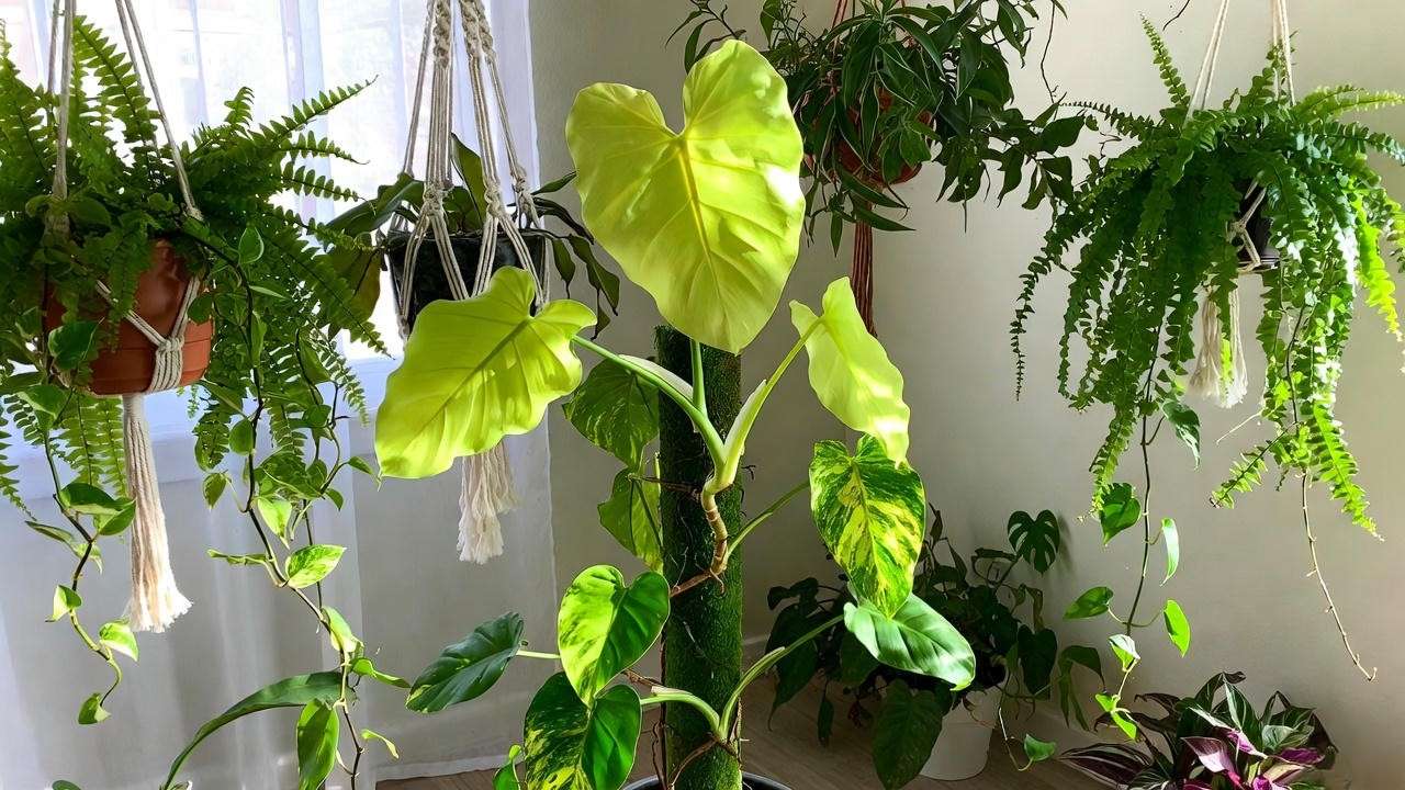 Philodendron Neon trained on moss pole for larger brighter leaves and vertical growth