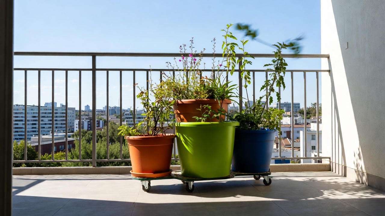 Moving outdoor potted plants with a wheeled caddy for wind and weather protection