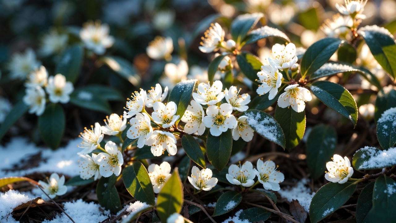 Fragrant winter-blooming Sarcococca sweetbox flowers in shade garden