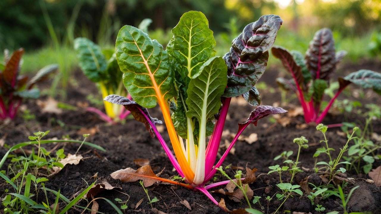 Colorful Bright Lights Swiss chard thriving in raised garden bed