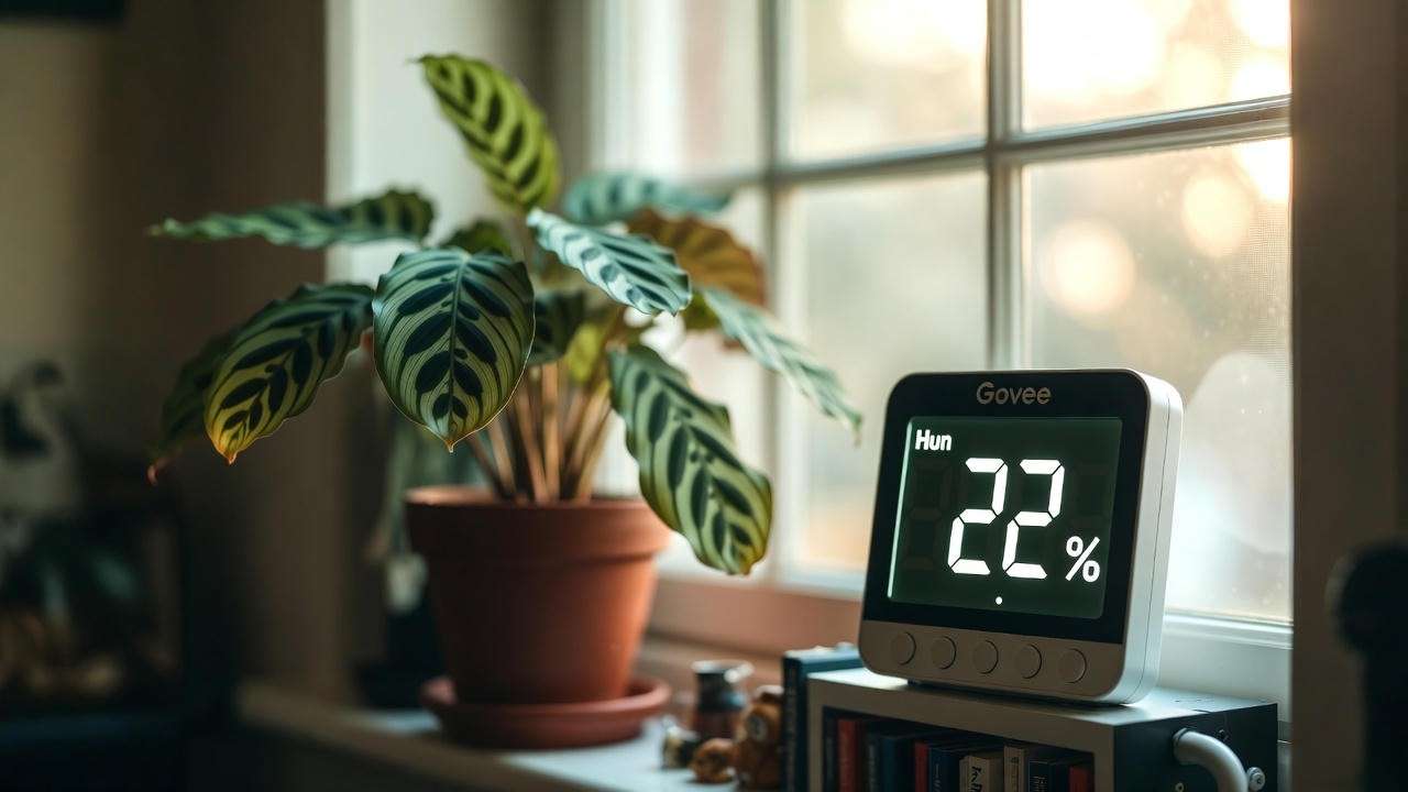 Digital hygrometer showing low winter humidity causing plant droop