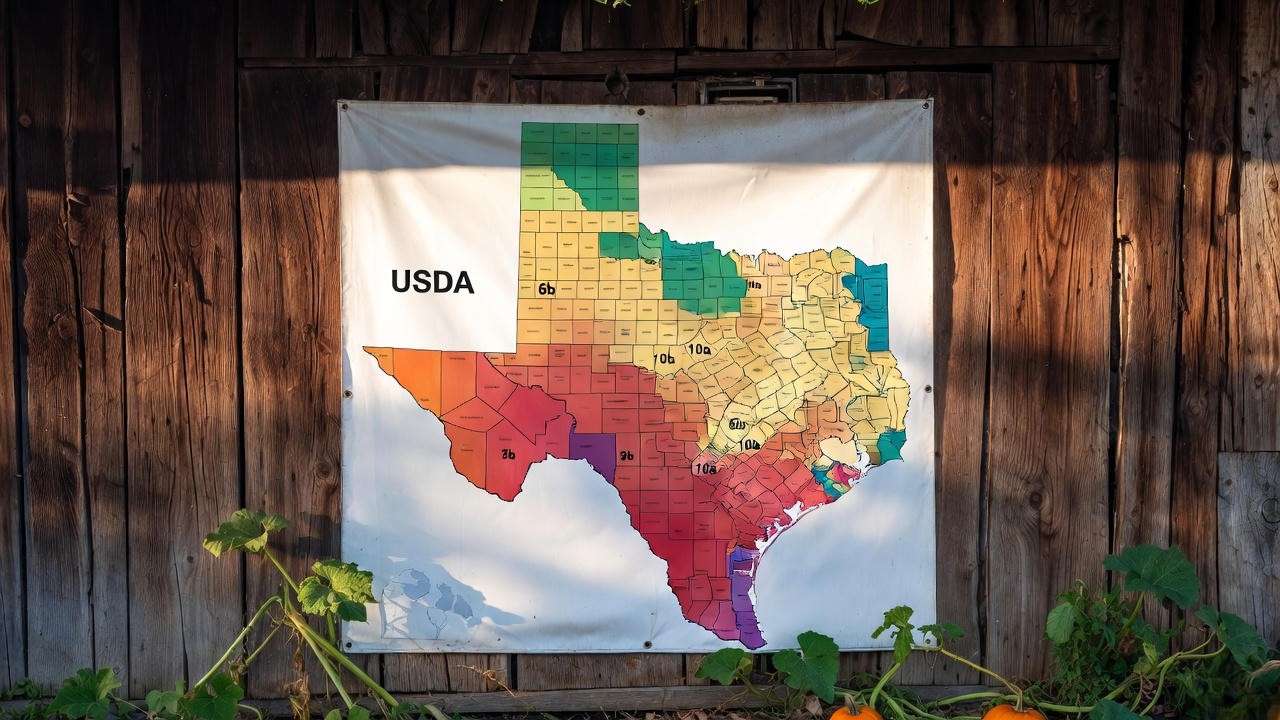 Texas USDA hardiness zone map showing pumpkin growing zones 6b to 10a