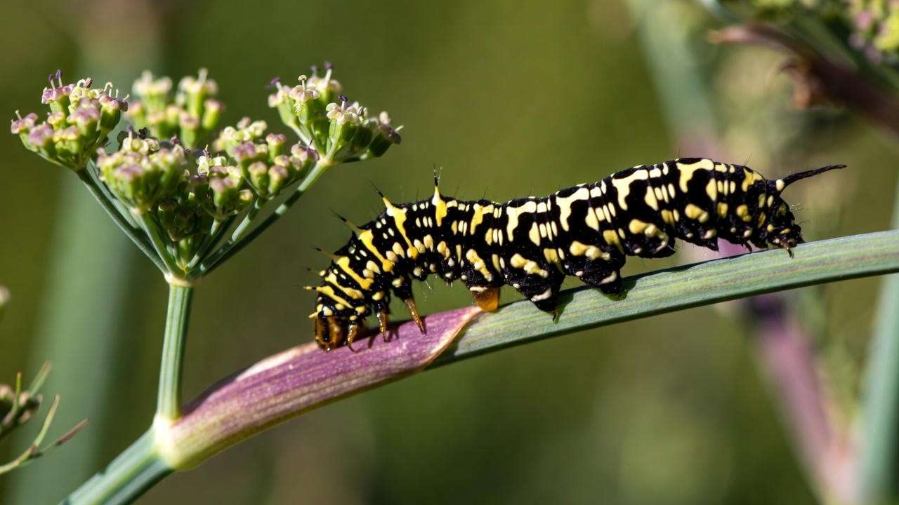 Eastern black swallowtail caterpillar eating bronze fennel leaves – top host plant for black swallowtails