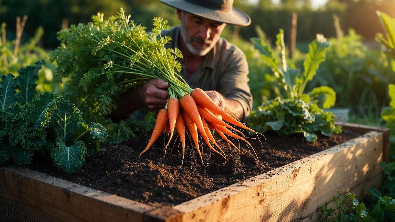 Straight, sweet carrots harvested from raised garden bed soil