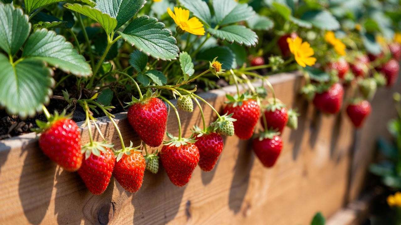 Clean, slug-free everbearing strawberries growing in raised garden bed