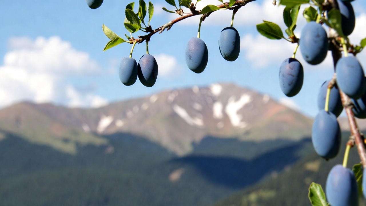 Mount Royal European plum tree loaded with blue fruit against Colorado Rocky Mountains