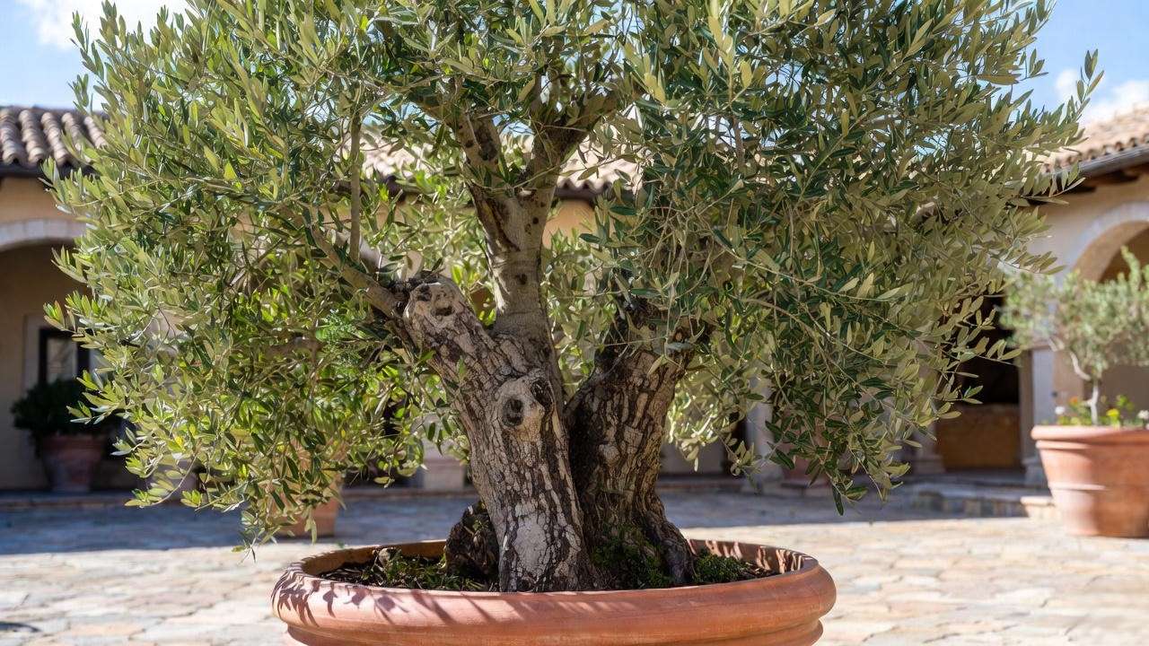 Mature olive tree thriving in a large terracotta planter outdoors