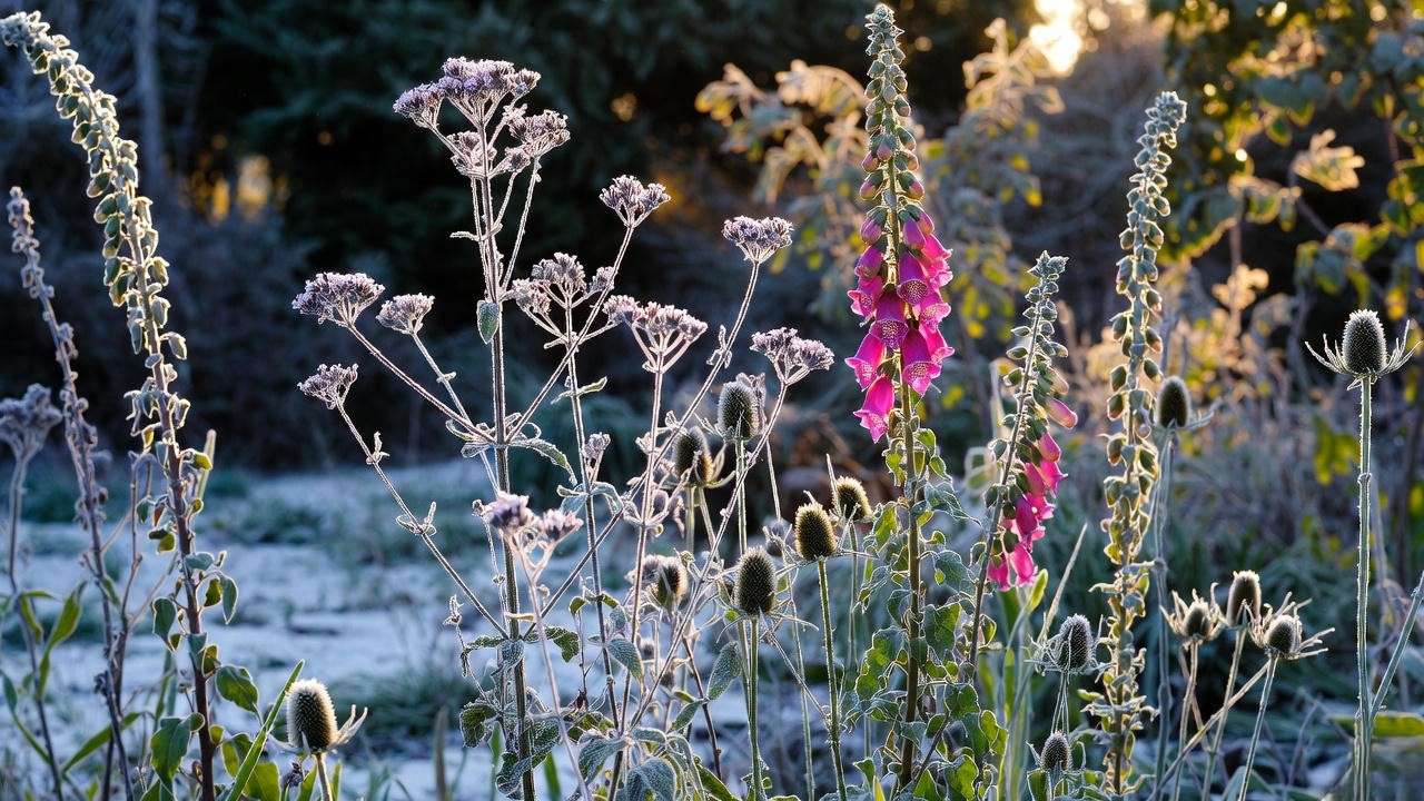 Winter interest from seed heads in a no-maintenance English cottage garden