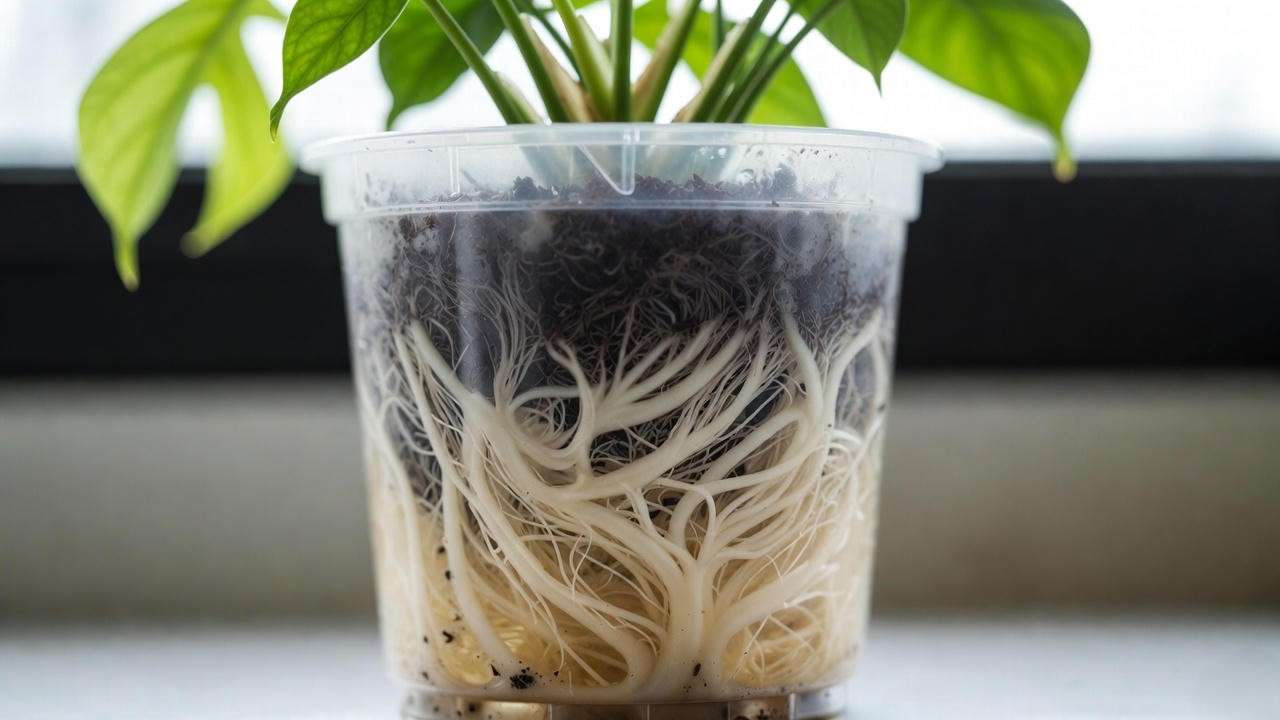 Healthy white roots visible through clear plant pot showing perfect moisture level