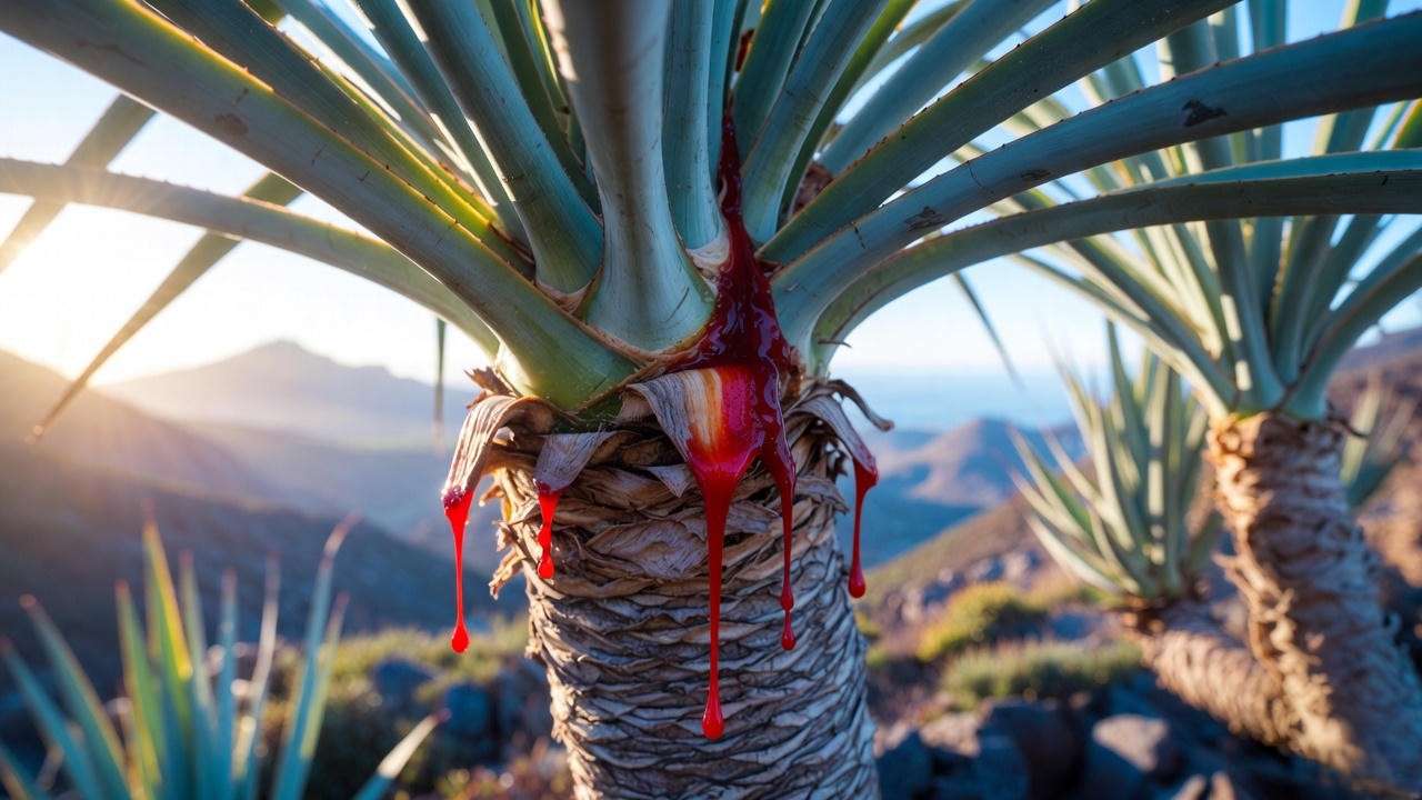 Real Dracaena draco dragon’s blood tree bleeding red sap close-up