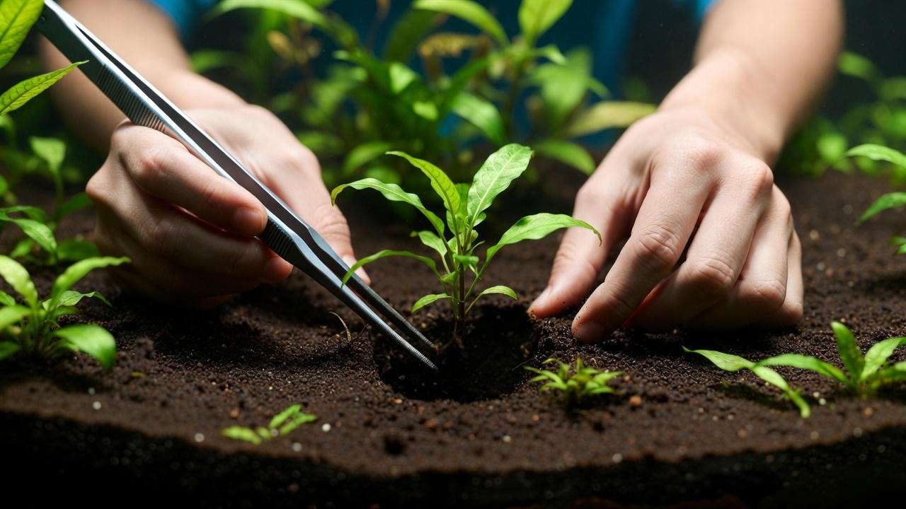 Correct depth for planting Cryptocoryne in aquasoil – crown above substrate