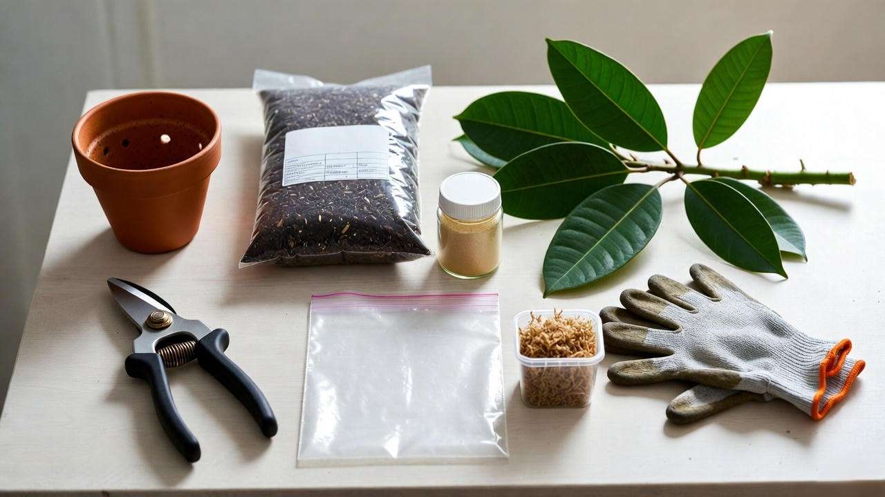 Essential tools and materials for propagating a rubber plant including shears, rooting hormone, and potting mix