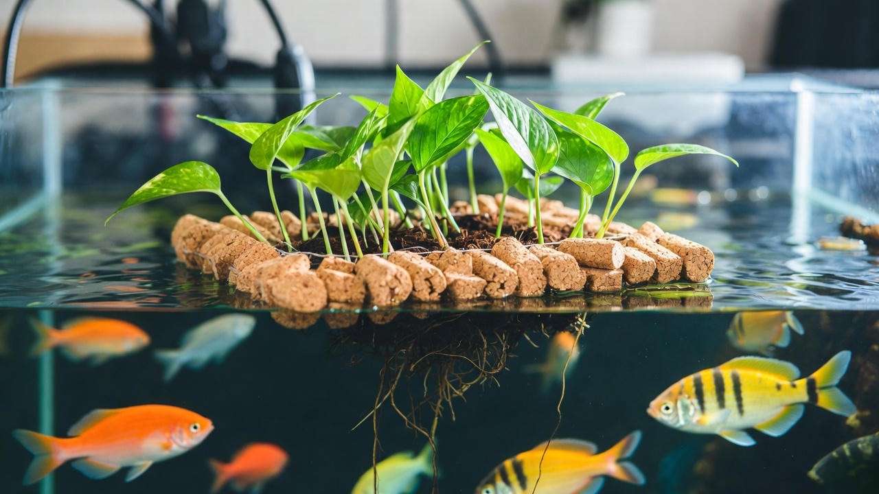 Floating pothos raft in a rimless aquarium