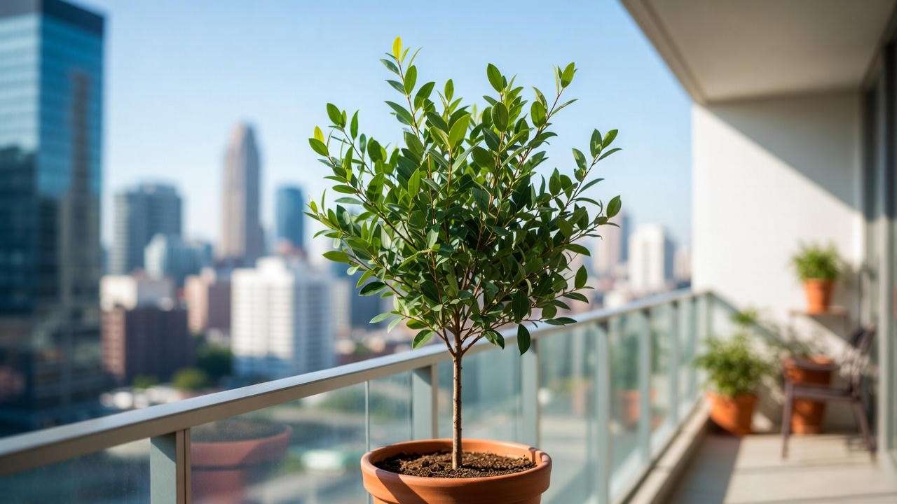 Dwarf honey eucalyptus plant growing happily in container on balcony