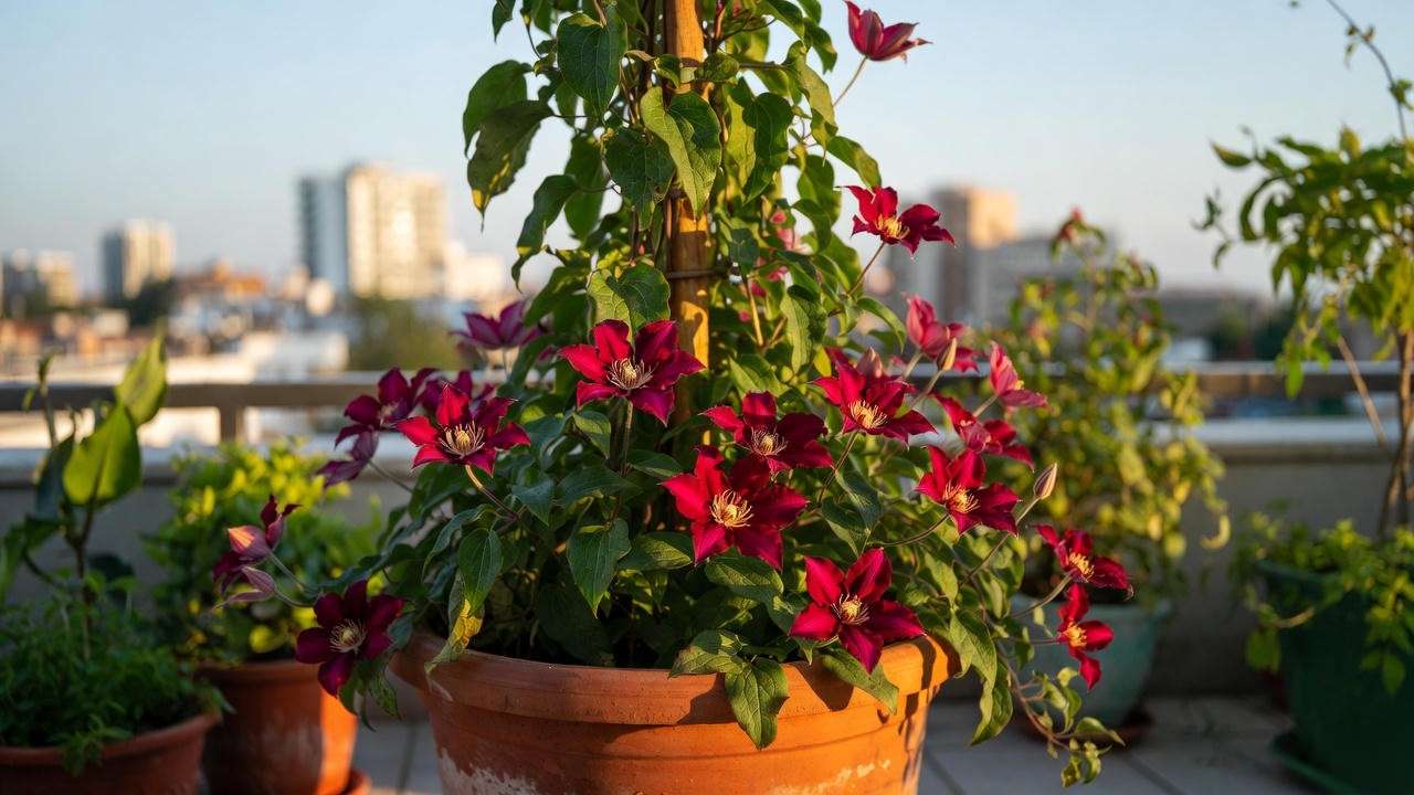 Growing red clematis in containers on a balcony – perfect for small spaces