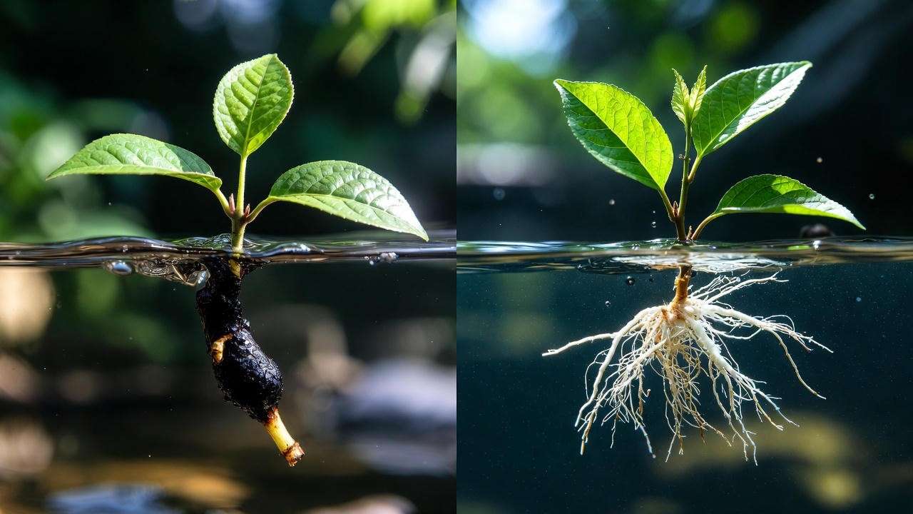 Jasmine cutting failure (black rot) vs healthy rooted cutting comparison