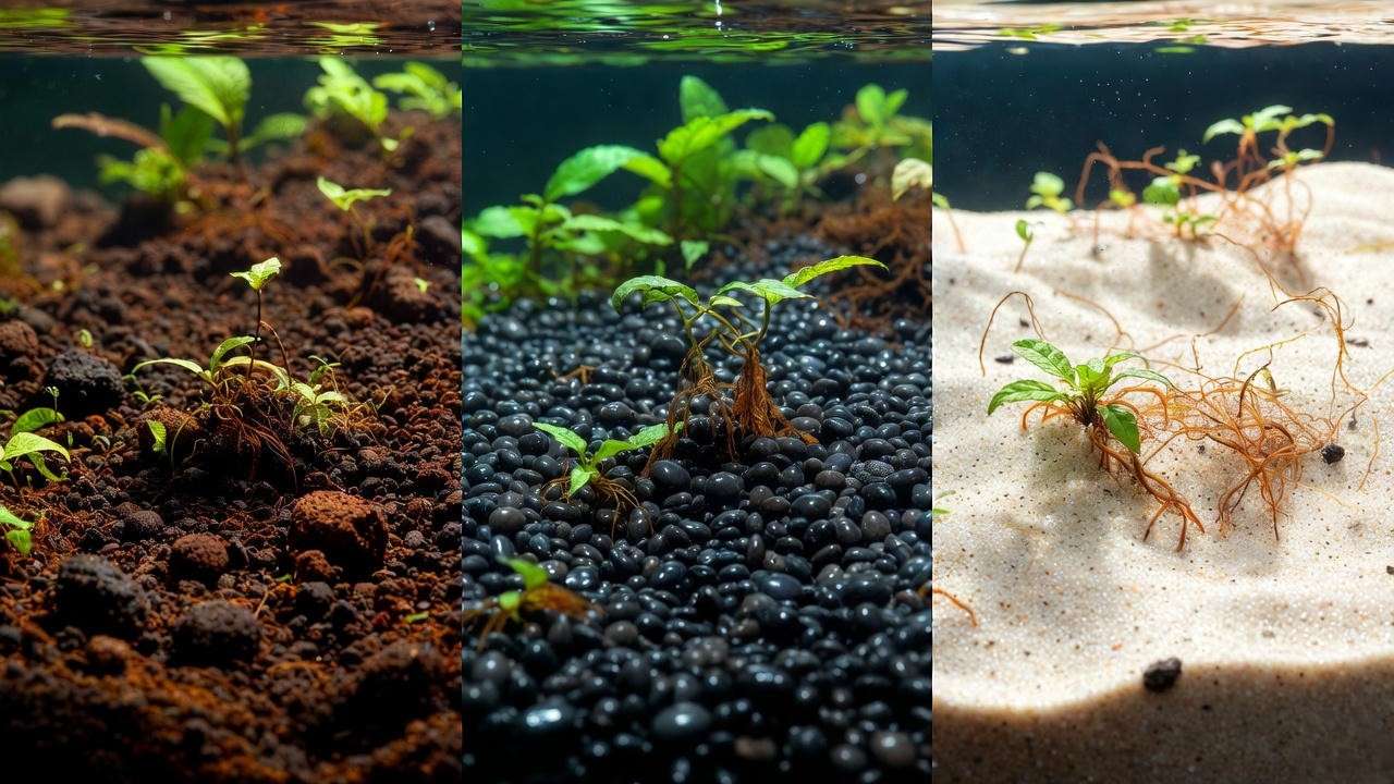 Comparison of aquatic plant soil types including nutrient-rich aquasoil, inert gravel, and sand substrates for planted aquariums.