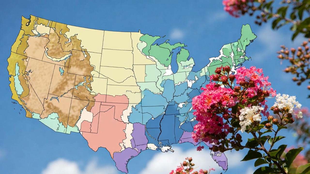 USDA hardiness zone map with blooming crape myrtle flowers showing best planting regions