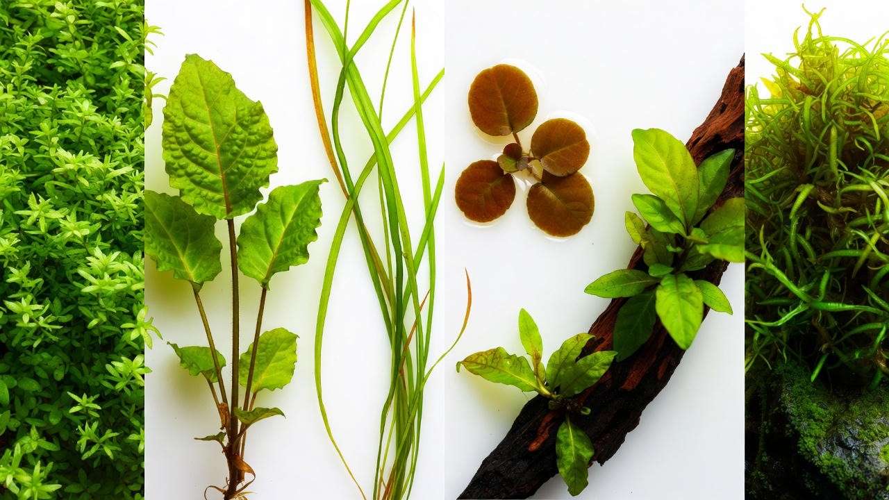Aquarium plant types: foreground, midground, background, floating, epiphyte, and moss examples