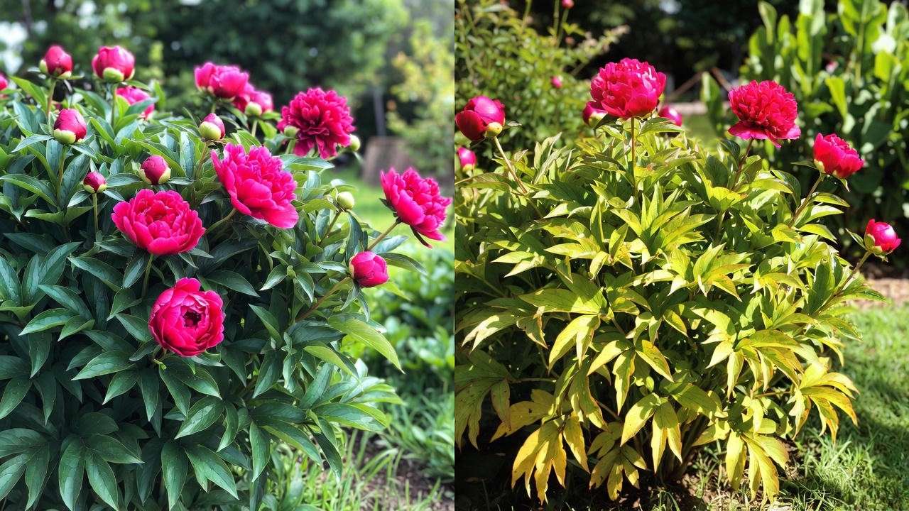 Healthy dark green peony leaves vs yellow stressed peony leaves side by side comparison
