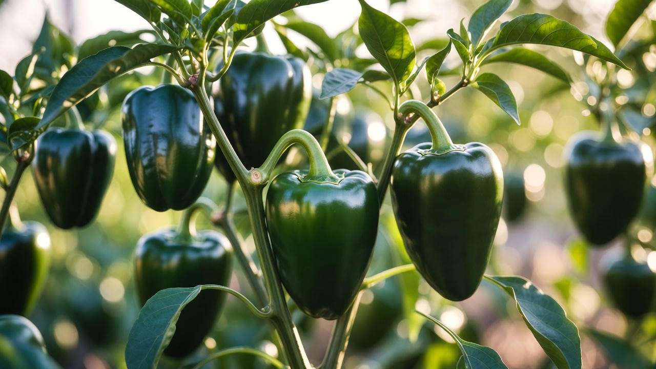 Healthy poblano pepper plant with abundant glossy green fruits