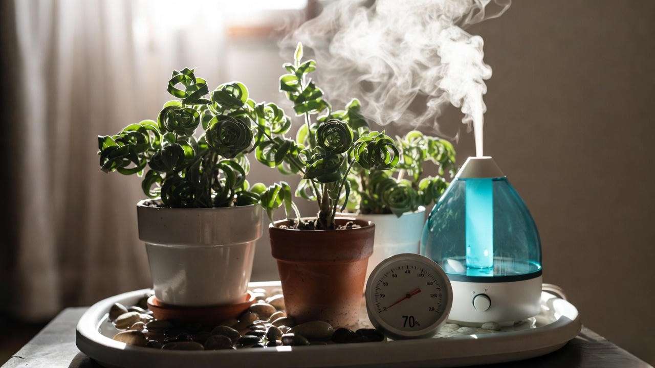 Ideal humidity setup for curly leaf plants using humidifier and pebble tray