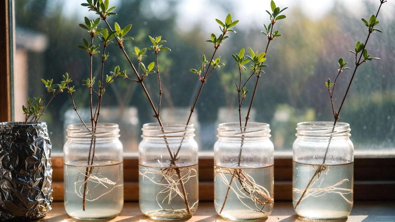 Azalea plant cuttings rooting in water using willow water and foil-wrapped jars