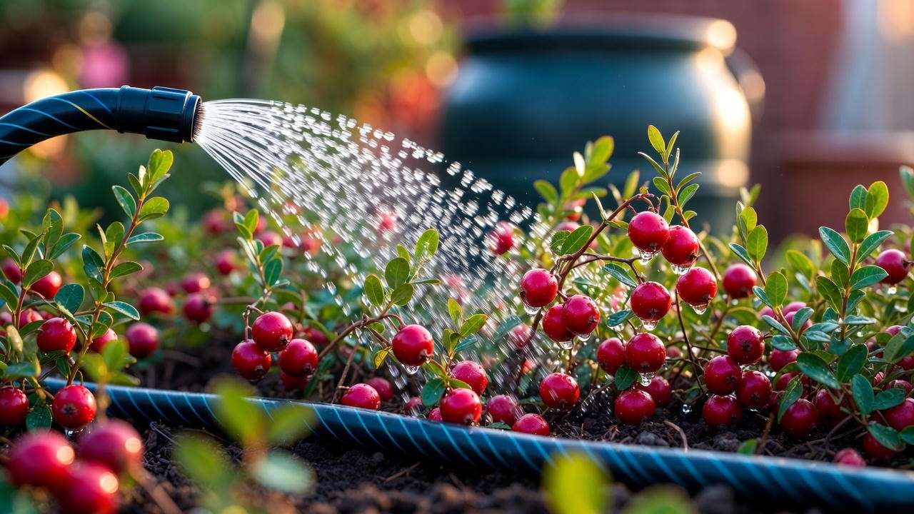 Proper watering of home cranberry bed using soaker hose and rain barrel