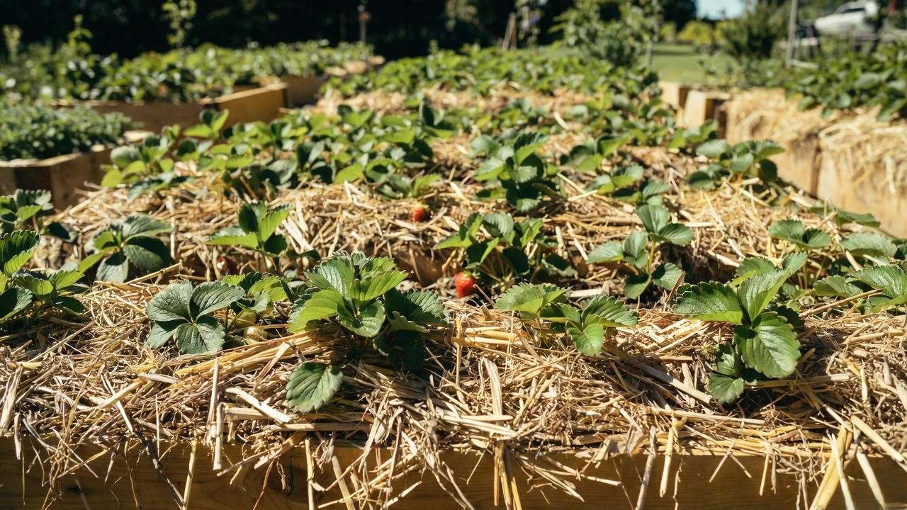 Strawberry plants in raised bed with straw mulch