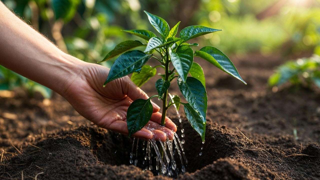 Deep watering technique at the base of a Tabasco pepper plant