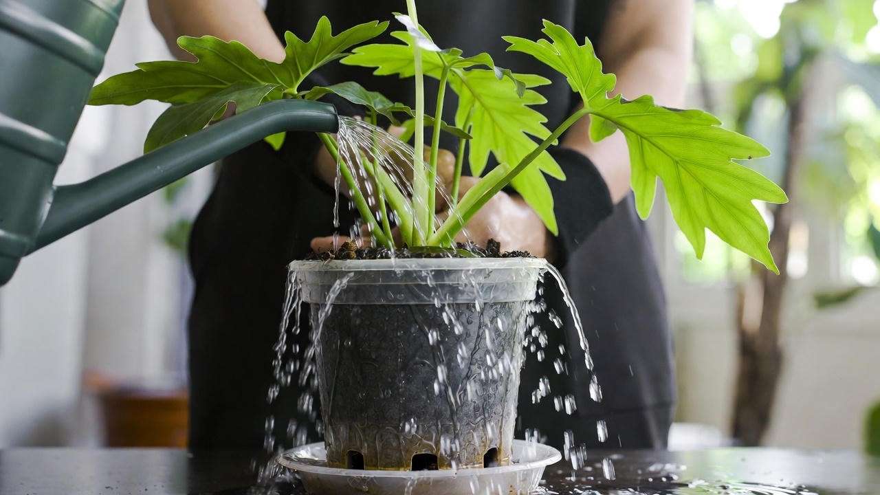Thorough watering of Hope Philodendron plant showing drainage from pot