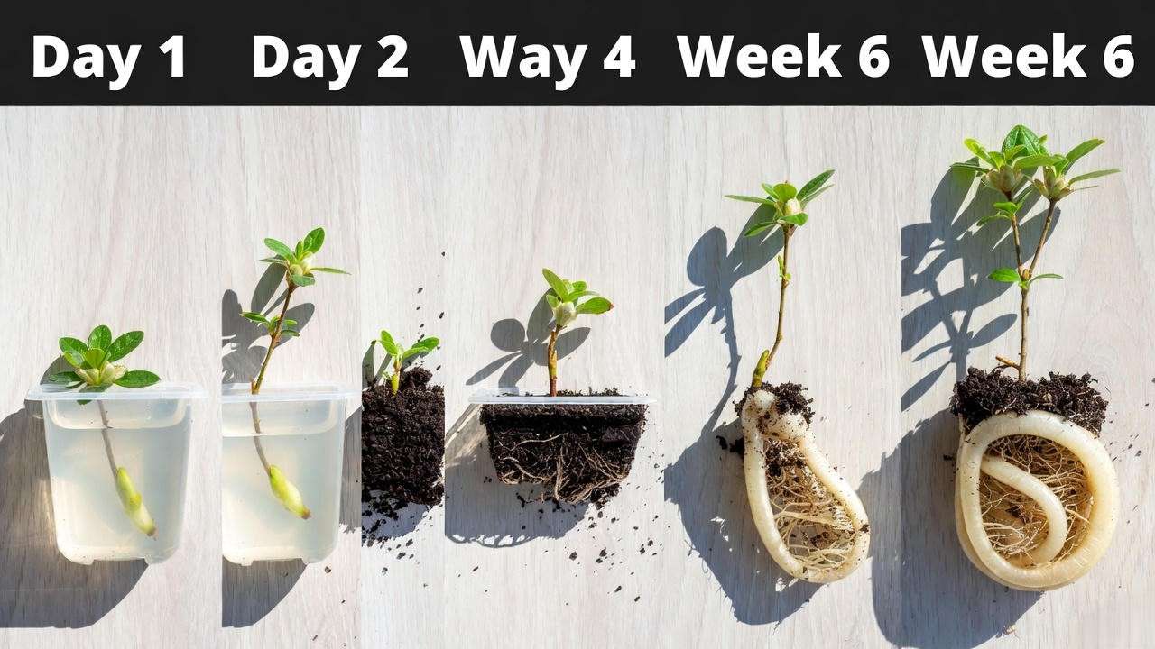 6-week rooting progression of an azalea cutting from fresh stem to thick healthy roots
