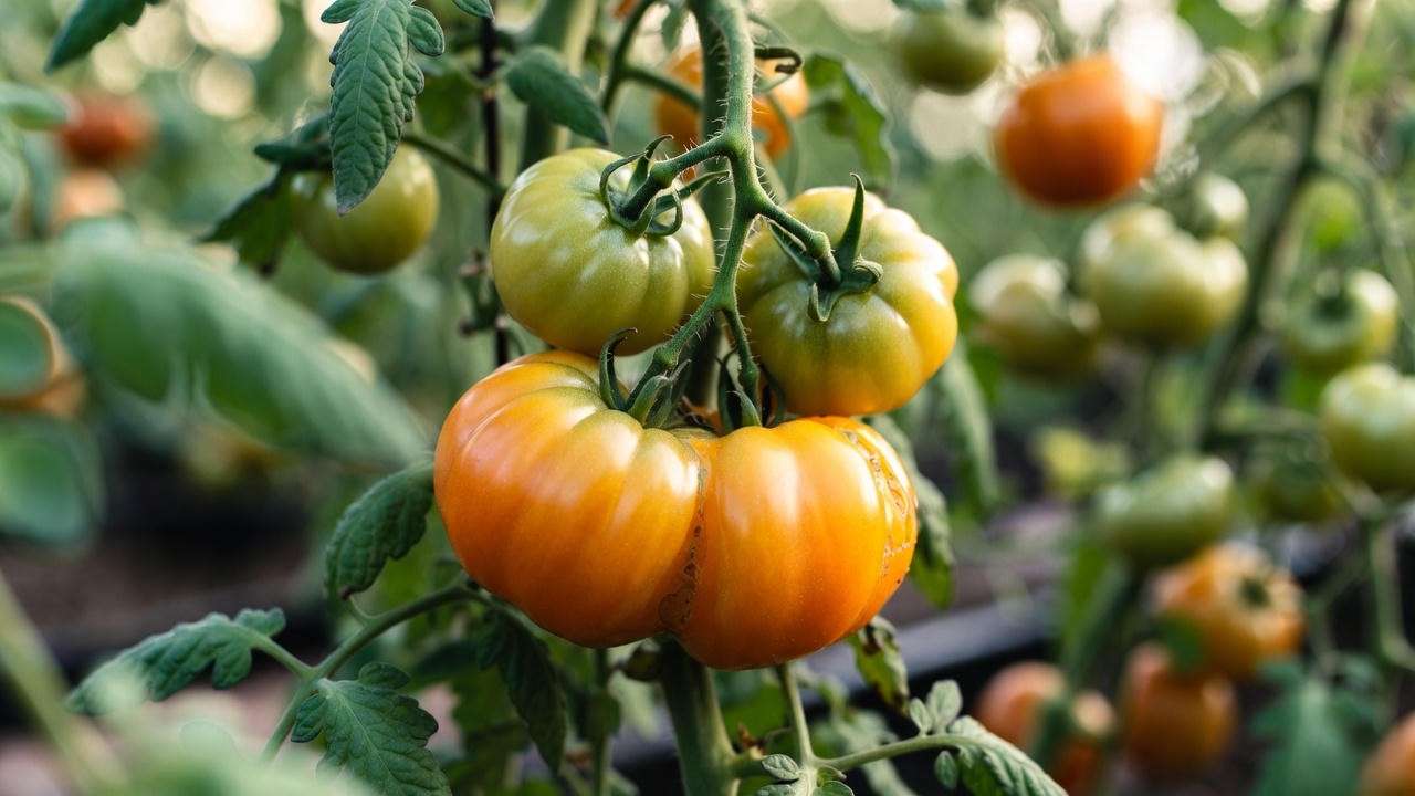 Close-up of ripe golden-orange Jet Star tomatoes on the vine