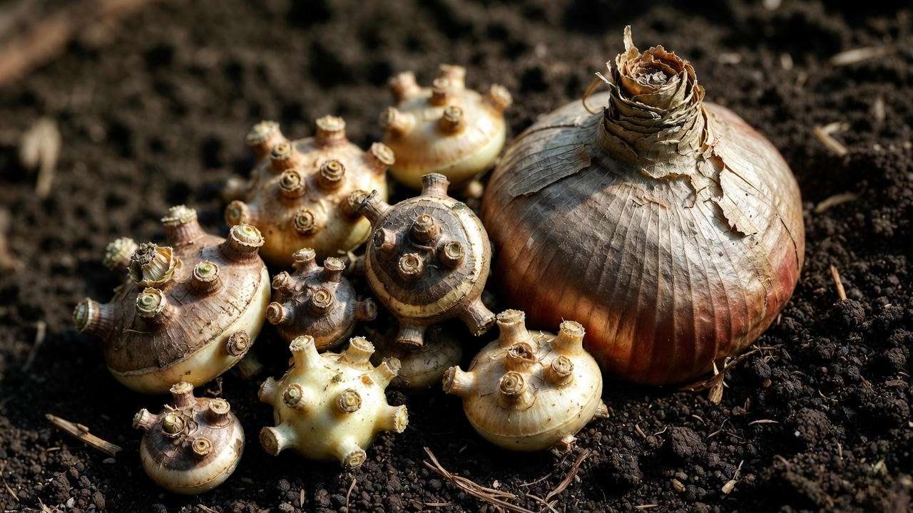 Close-up of ranunculus corms vs true bulb showing octopus claw shape