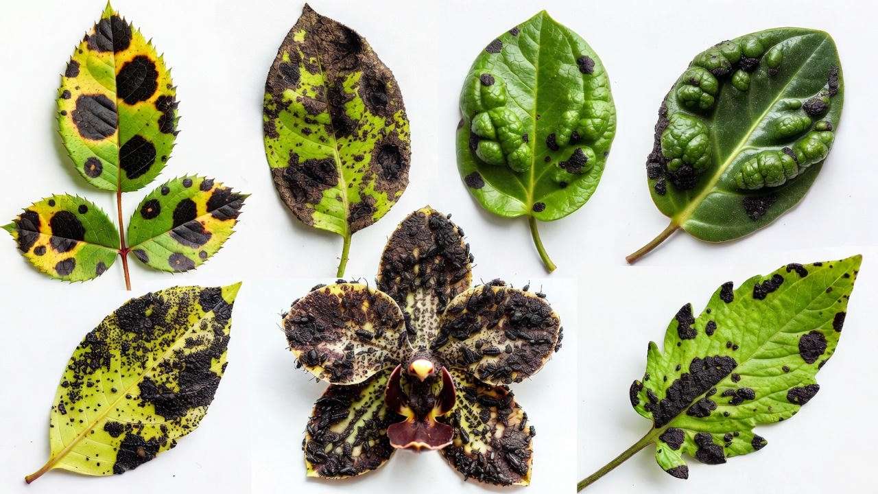 Comparison of 6 types of black dots on plant leaves: fungal, fungal, sooty mold, edema, spider mites, scale, bacterial”