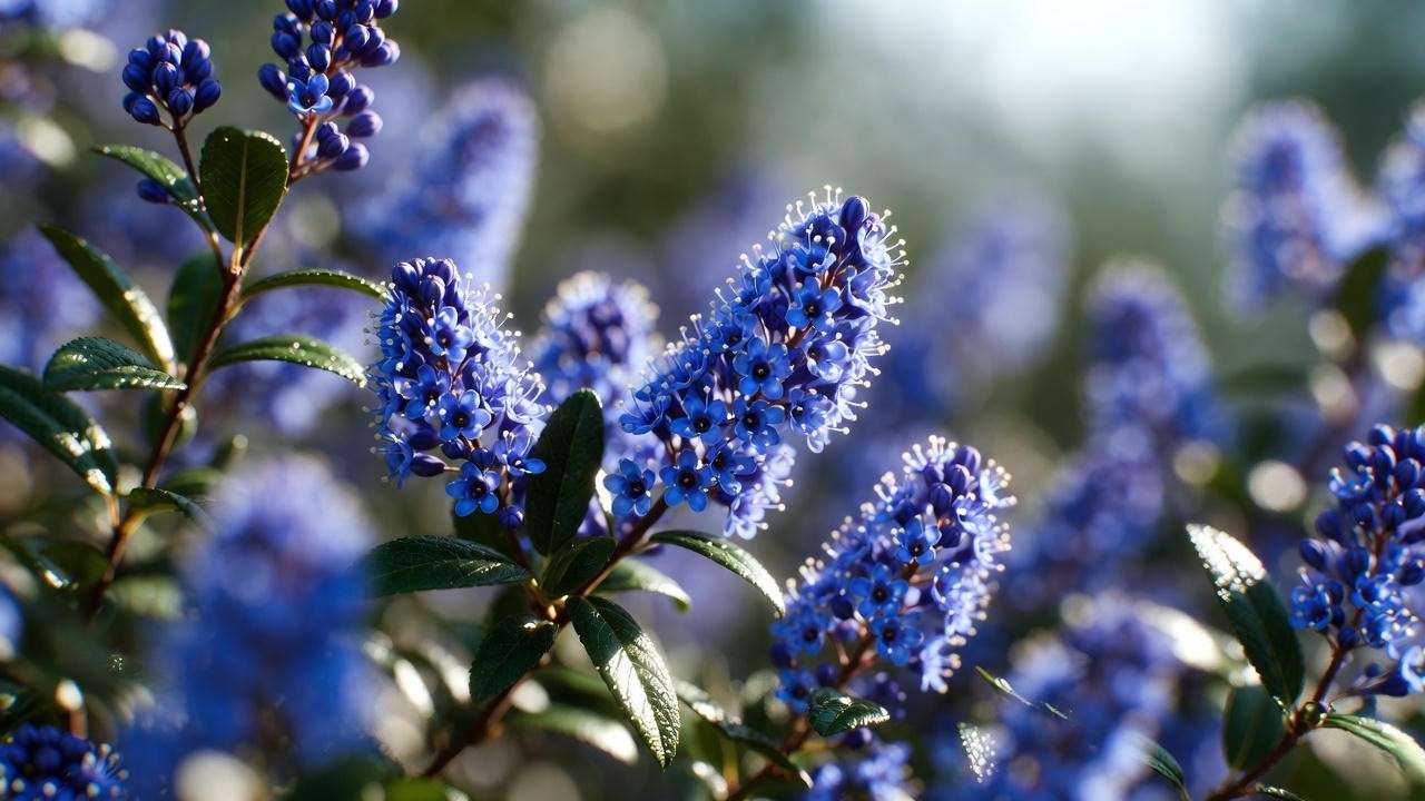 Close-up of Ceanothus Yankee Point in full electric-blue bloom with glossy evergreen foliage