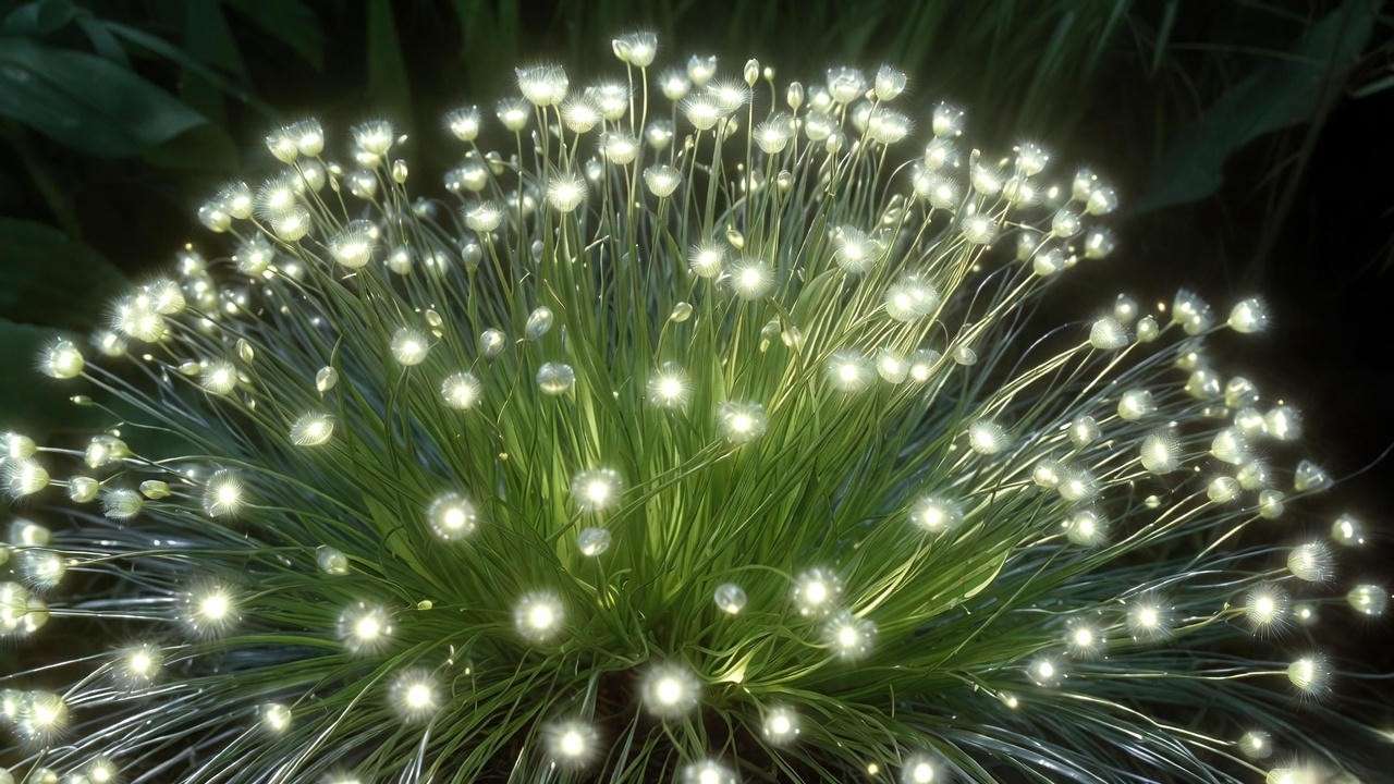 Close-up of fiber optic grass plant (Isolepis cernua) showing the signature glowing white flower tips that create the fiber-optic effect