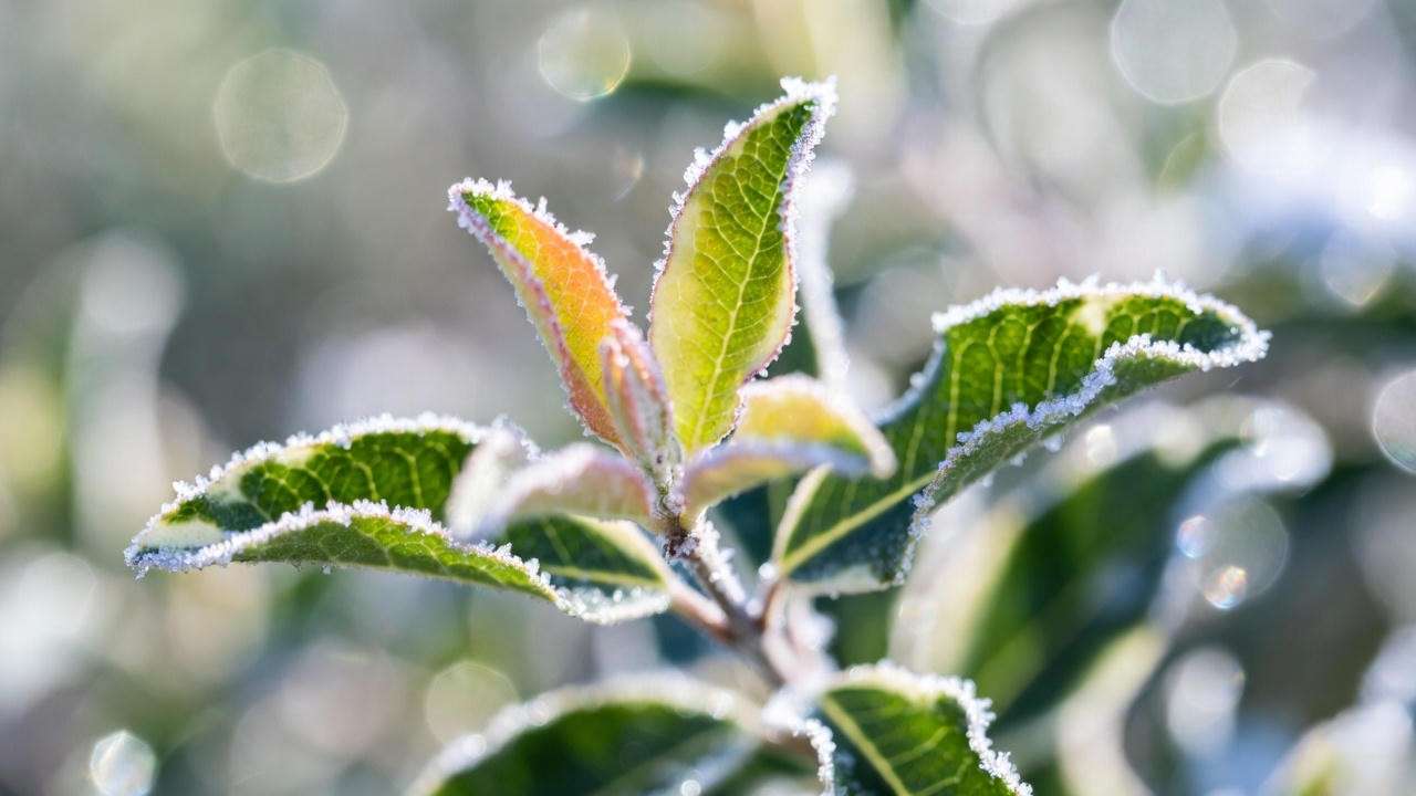 Ligustrum Jack Frost variegated leaves with pink new growth in winter frost