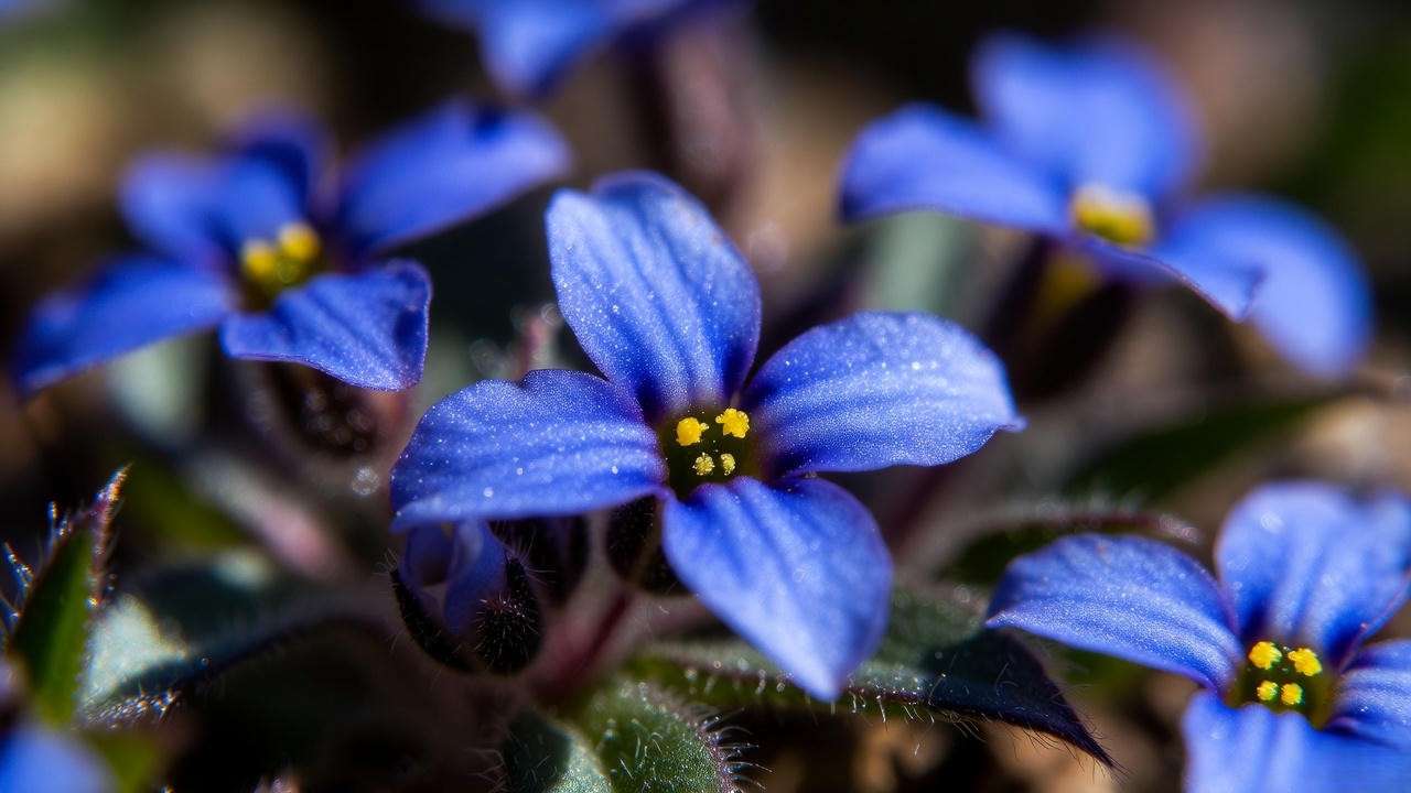 Close-up of Lithodora plant Heavenly Blue showing intense electric-blue flowers and yellow centers