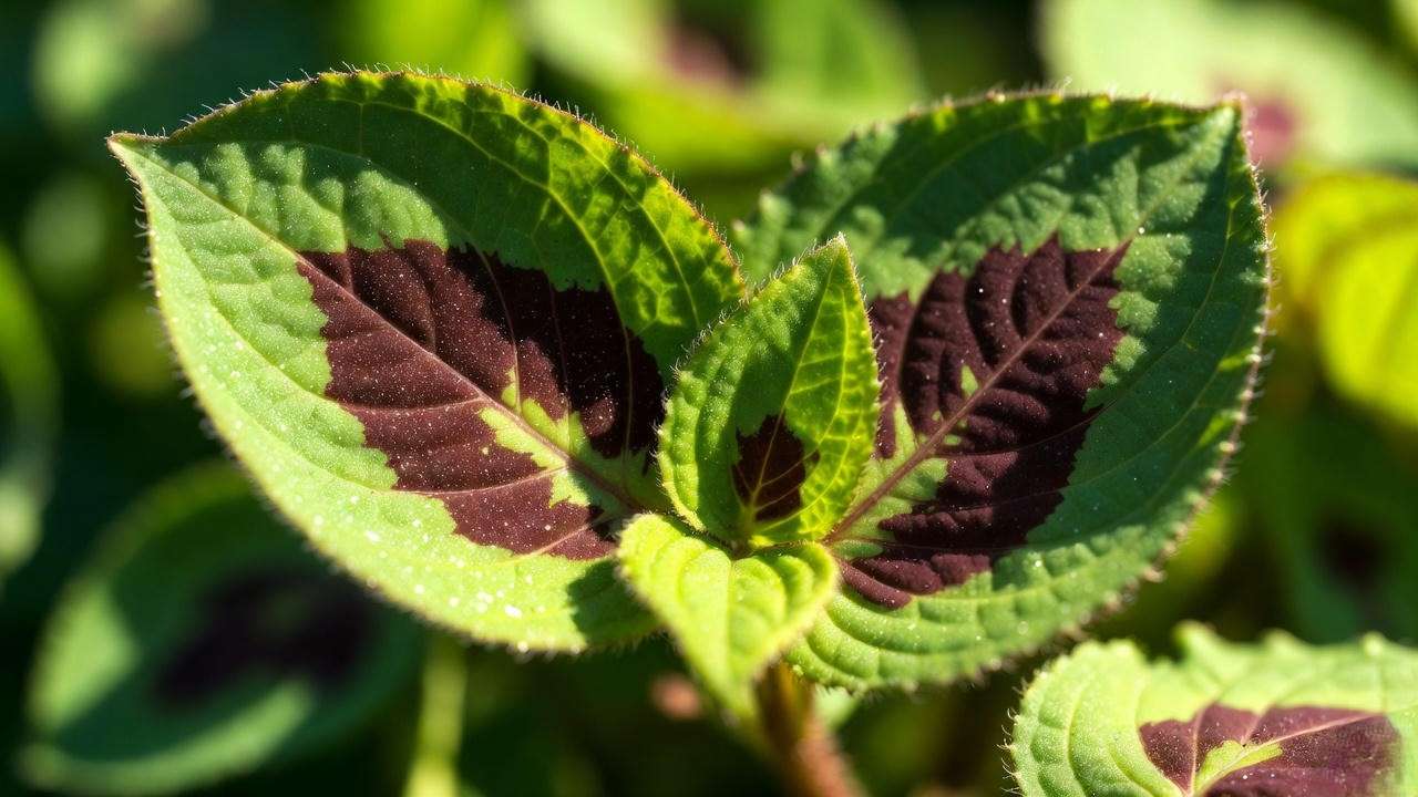 Close-up of Vietnamese mint plant leaves showing signature maroon chevron markings